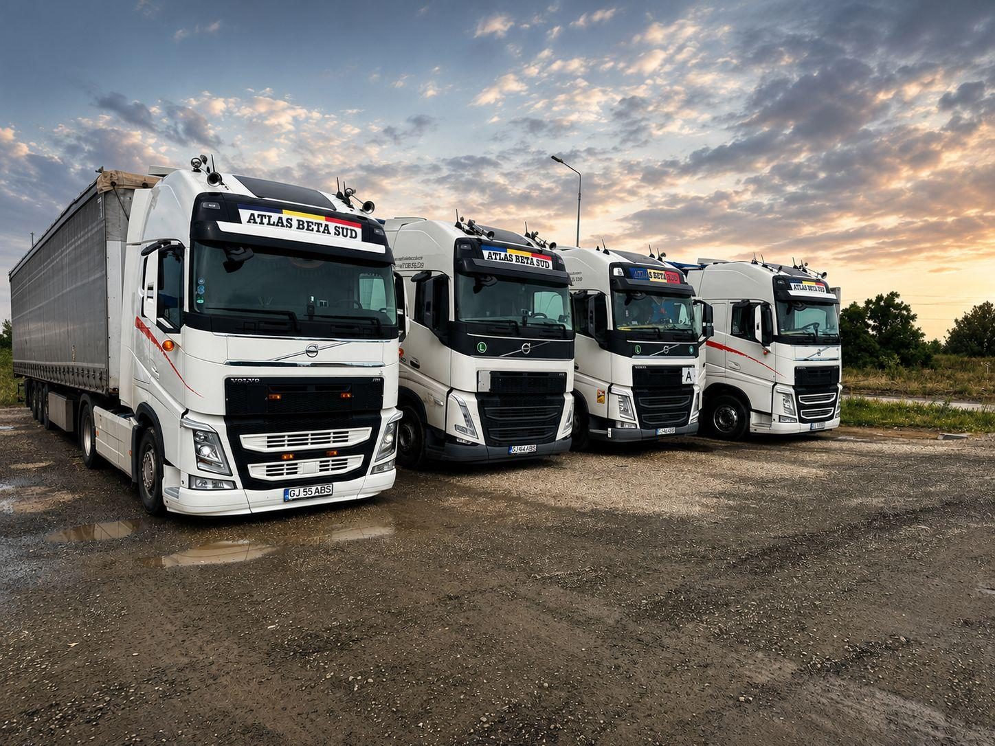 Flota ATLAS BETA SUD SRL — cele patru camioane Volvo ale companiei, pregătite pentru transport internațional